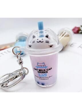 Cat Boba Milk Tea Keychain Bag Charm, Pink